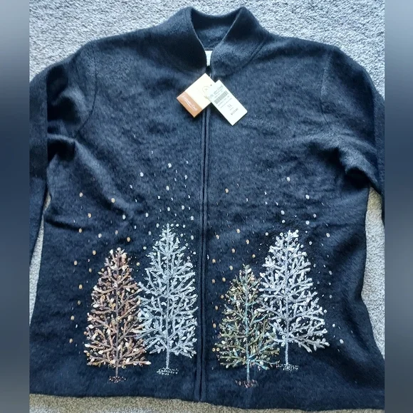 NWT Coldwater Creek XL Black Wool Cardigan Sweater Embellished Trees - Picture 6 of 16